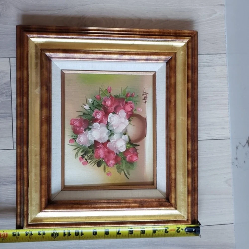 Vintage Original Oil Painting Signed Floral Still‎ Life Double Gold Framed 15x17